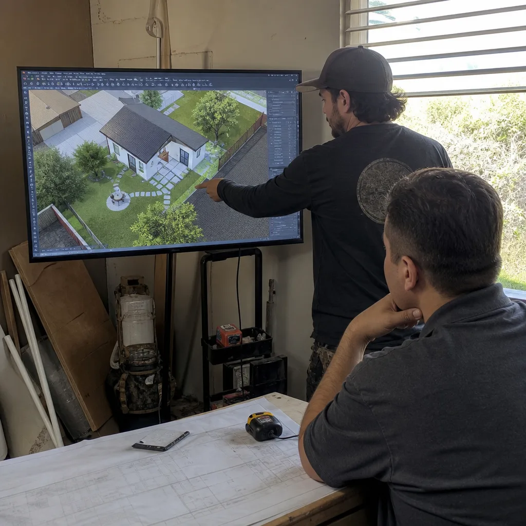 Architect presenting a 3D ADU design and permitting plan to a client