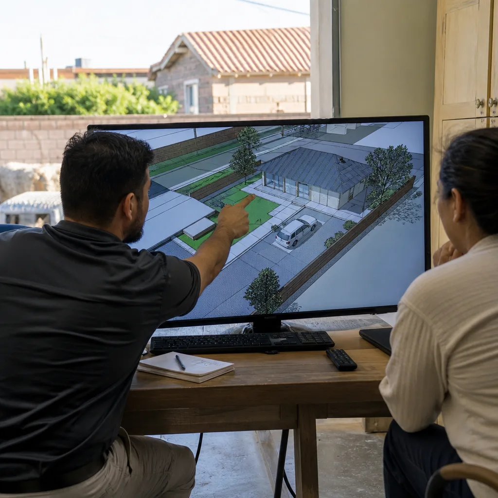 Architect discussing ADU design and permitting plans with a client