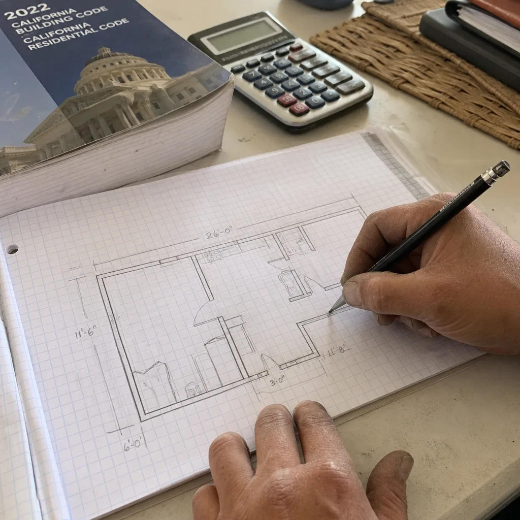 Contractor hand-drawing ADU floor plans on graph paper with building codes