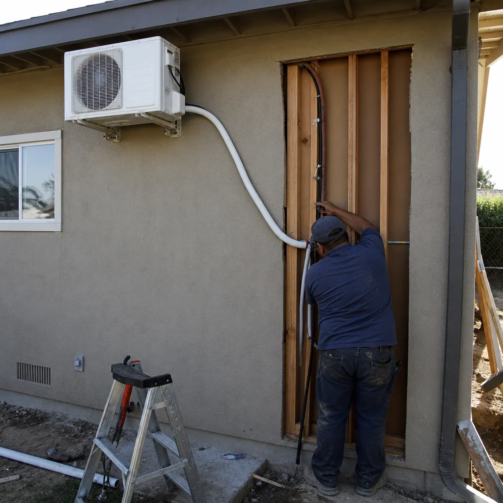 Contractor installing HVAC lines during a garage conversion ADU project.
