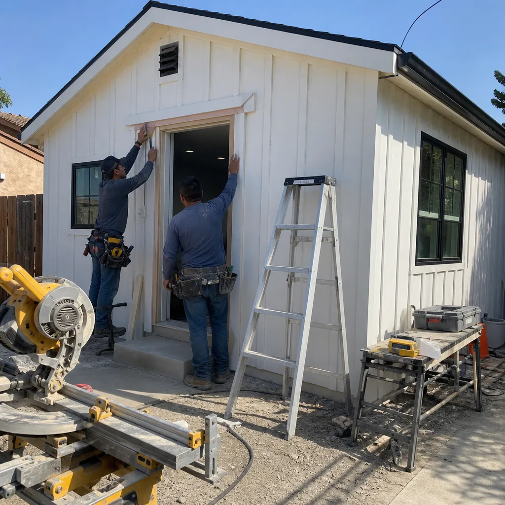 Two construction workers installing trim on a newly built detached ADU.